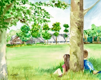 Original watercolor 8x10 painting Daydreaming by Laura Rispoli - art two young people sitting under back to tree couple green summer day