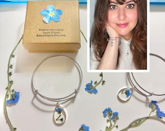 Forget Me Not BRACELET adjustable bangle blue real flower dried pressed in resin teardrop silver charm handmade Laura Rispoli flowers gift