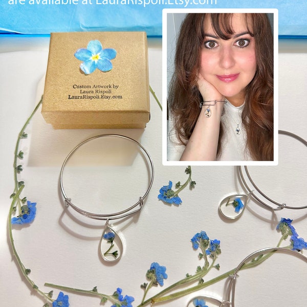 Forget Me Not BRACELET adjustable bangle blue real flower dried pressed in resin teardrop silver charm handmade Laura Rispoli flowers gift