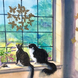 Impression ou cartes ou cartes postales représentant une aquarelle de Laura Rispoli Chats près de la fenêtre, amis chats sur un rebord de fenêtre ensoleillé regardant le jardin