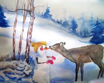 Print or cards of watercolor painting by Laura Rispoli snowman and deer original art greeting notecards baby eating carrot nose