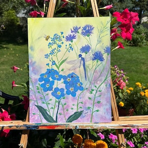 Original oder Print oder Karten von Malerei von Laura Rispoli Libelle Fee Vergissmeinnicht Blumen Disteln Kornblume Kunst wunderliche Notecards