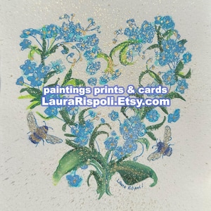 Druck oder Karten oder Postkarten Aquarellmalerei von Laura Rispoli Vergissmeinnicht Blumen Bienen Kunst oder 4x6 5x7 oder 8x10 ewige Liebe Herz
