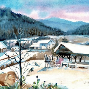 Impresión o tarjetas de notas de la pintura en acuarela de Laura Rispoli Campo nevado o pequeñas tarjetas de felicitación o postales navideñas