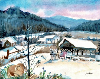 Print or notecards of watercolor painting by Laura Rispoli Snowy Countryside or small Christmas greeting cards or postcards