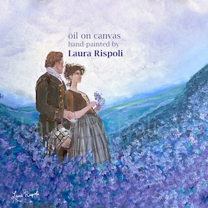 Impression ou cartes ou cartes postales de peinture à l'huile de Laura Rispoli art des Highlands écossais Heather Bouquet estampes d'art paysages de couple romantique