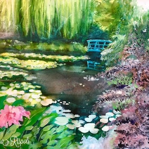Notecards or print of watercolor painting Laura Rispoli Art Monet’s Garden blank cards with envelopes water lilies bridge reflections pond