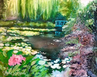 Notecards or print of watercolor painting Laura Rispoli Art Monet’s Garden blank cards with envelopes water lilies bridge reflections pond
