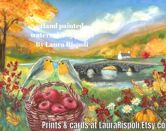 original or print or cards of painting by Laura Rispoli autumn fall leaves robin birds Scottish landscape foliage apples red berries art