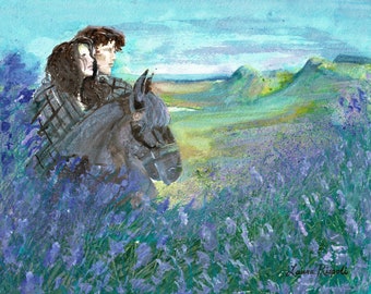 ORIGINAL 11x14 watercolor painting by Laura Rispoli - Isle of Skye art cuddling under tartan plaid on horseback love hug romantic artwork