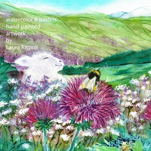 print of painting by Laura Rispoli watercolor art happy lamb Scottish highland sheep Thistles bees bee on thistle frog forget me not