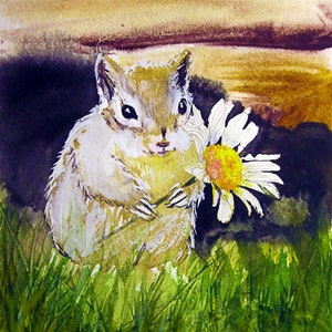 Original oder Druck oder Karten oder Postkarten der Aquarellmalerei glücklicher Frühling Chipmunk Kunst original handgemalt in einem 11x14 weißen Passepartout