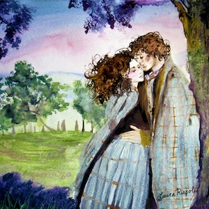 Druck oder Karten oder Postkarten von Aquarelldrucken der ursprünglichen Malerei von Laura Rispoli "Kunstumarmung ""Umarmung"" durch Menhire - Outlander."