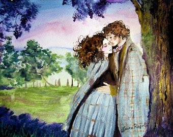 May include: A watercolor painting of a couple embracing under a tree in a forest setting. The woman has long brown hair and is wearing a blue dress. The man has short brown hair and is wearing a plaid shirt. The background is a soft pink and purple sky with green trees and a grassy field.