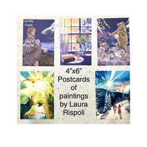 Pack hiver de CARTES POSTALES de peintures de paysages enneigés de Laura Rispoli 4 x 6 cartes de correspondance de Noël de vacances bleu neige animaux de crête fête de Noël art fantaisiste