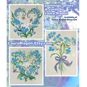 Set aus drei Drucken oder Karten von Aquarell Gemälden Vergissmeinnicht Blumen Gemälden Kunstwagen oder Druck von Laura Rispoli Bienen Vergissmeinnicht