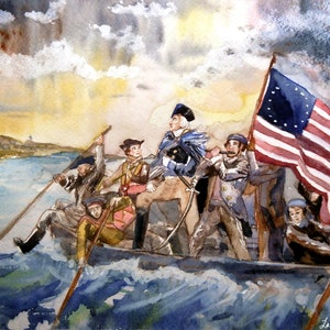 Druck oder Karten oder Postkarten von Original-Aquarellmalerei von Laura Rispoli George Washington Crossing the Delaware Art Fifer Trommler Junge