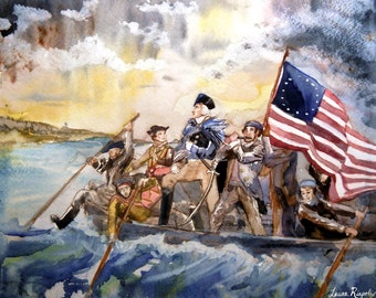 Print or cards or postcards of original watercolor painting by Laura Rispoli George Washington crossing the Delaware  art fifer drummer boy