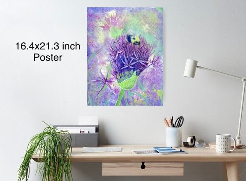 Original or Print or cards of painting by Laura Rispoli Happy Bumblebee on allium flower purple thistle lavender wildflower watercolor art image 6