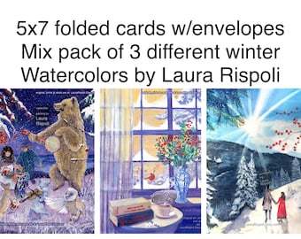 5x7 Greeting Cards with envelopes of watercolor paintings by Laura Rispoli winter snow woodland Ridge Forest Set Christmas animals Notecards