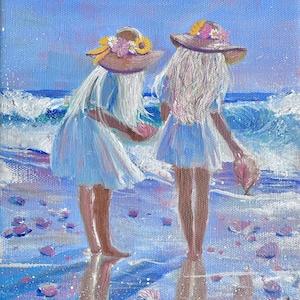 Impresión o tarjetas o postales de pintura al óleo de Laura Rispoli, impresiones artísticas, chicas rubias en la playa sosteniendo conchas marinas, cabello de hada, olas del océano