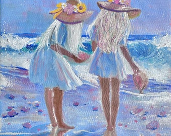 Print or cards or postcards of Oil painting by Laura Rispoli art prints blonde girls on the beach holding sea shells fairy hair ocean waves