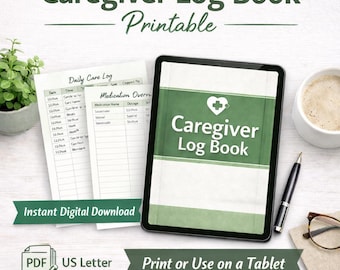 Caregiver Log Book Printable | Daily Caregiver Planner & Care Log | Digital Download PDF