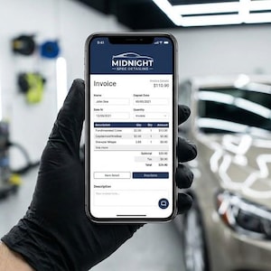 May include: A smartphone displaying an invoice from "Midnight Spec Detailing" is held by a gloved hand. The invoice details include line items and a total amount. The background shows a car detailing shop with a polished vehicle.