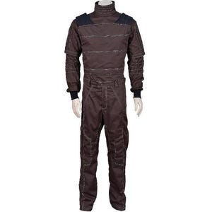 May include: A dark brown long-sleeved jumpsuit featuring a high mock neck collar, structured shoulder panels, and visible light-colored stitching throughout. The garment includes fitted cuffs, a cinched waist, and reinforced knee detailing.