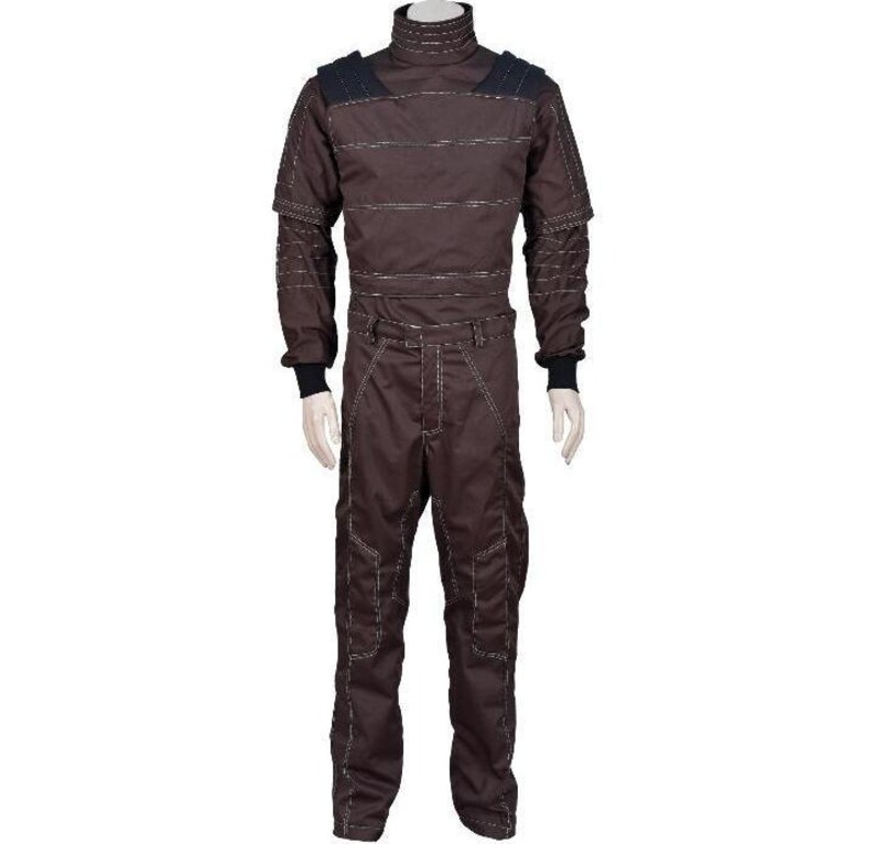May include: A dark brown long-sleeved jumpsuit featuring a high mock neck collar, structured shoulder panels, and visible light-colored stitching throughout. The garment includes fitted cuffs, a cinched waist, and reinforced knee detailing.