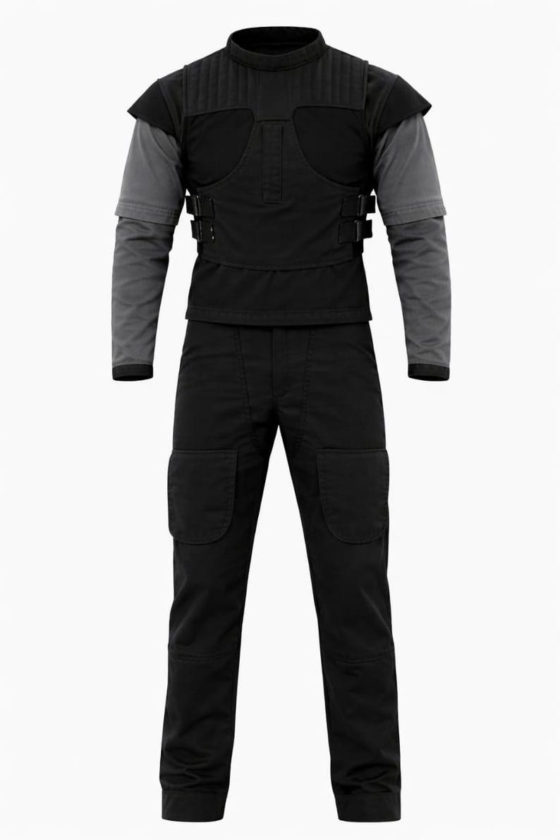 Puede incluir: Un atuendo t&aacute;ctico negro que consta de un chaleco, una camisa de manga larga y pantalones. El chaleco tiene un dise&ntilde;o acolchado en los hombros y el pecho, con m&uacute;ltiples correas. Las mangas largas son grises y los pantalones tienen bolsillos grandes.