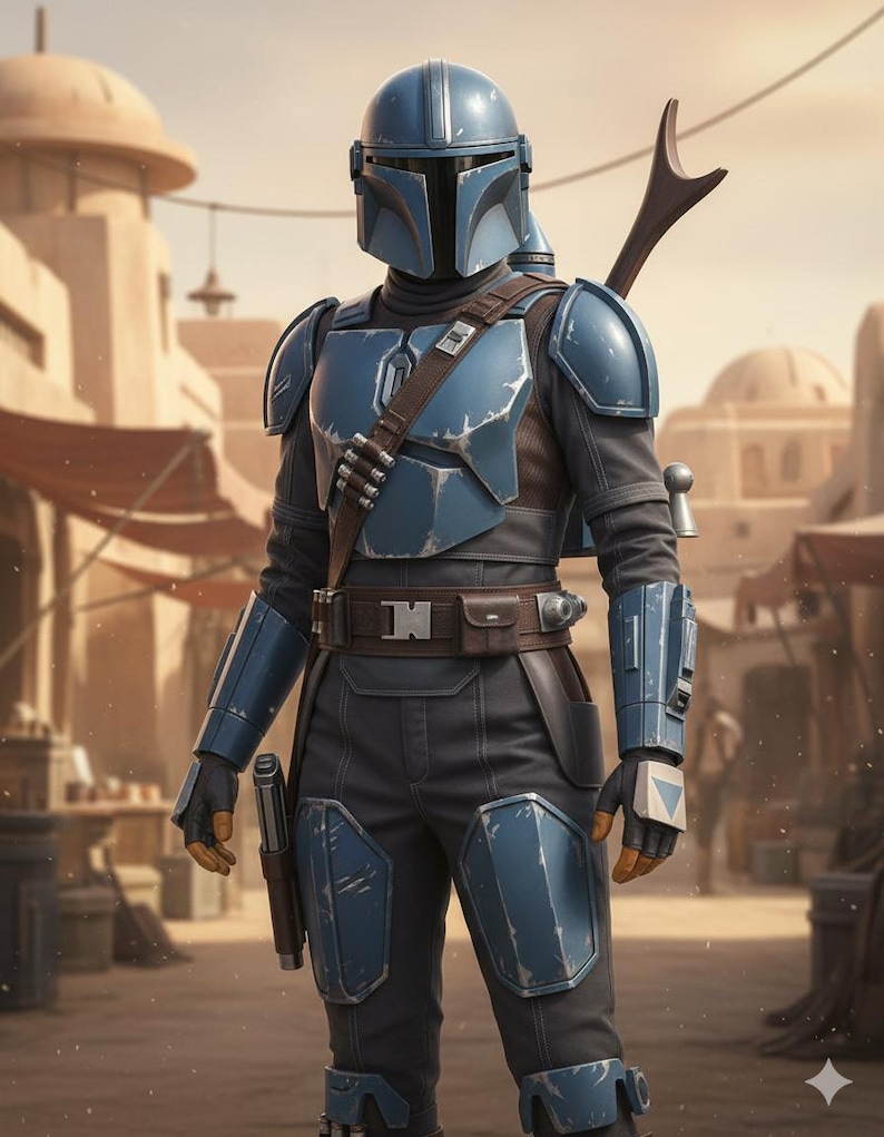 May include: A person in a blue and gray Mandalorian armor suit, complete with a helmet, shoulder pads, and a utility belt. The armor has a weathered appearance. A blaster pistol is visible on the left hip. The background shows a desert town.