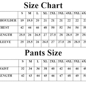 May include: A size chart for clothing, with measurements in inches. The chart includes shoulder, chest, length, and sleeve measurements for sizes S through 6XL. A separate section details pants sizes, including waist and length.
