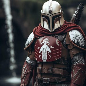 May include: A detailed shot of a Mandalorian warrior in full armor. The helmet is silver, and the chest plate is red with a white emblem. A red cape is draped over the shoulders. The armor has a weathered look, with brown and silver accents. A weapon is attached to the back.