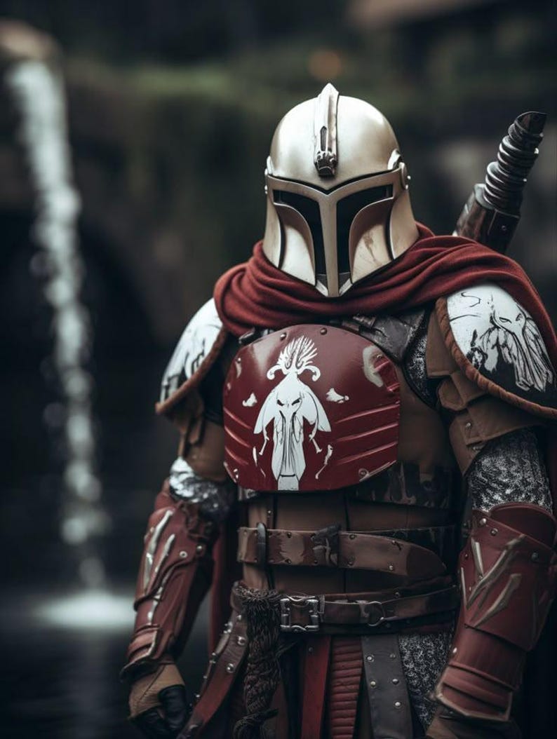 May include: A detailed shot of a Mandalorian warrior in full armor. The helmet is silver, and the chest plate is red with a white emblem. A red cape is draped over the shoulders. The armor has a weathered look, with brown and silver accents. A weapon is attached to the back.