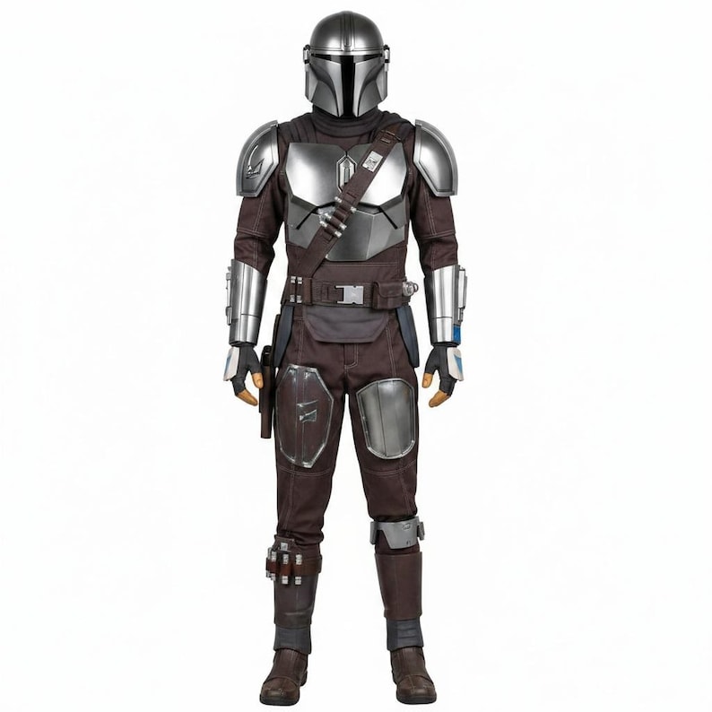 May include: A full-body costume featuring a metallic silver helmet with a T-shaped visor, matching silver shoulder, arm, and leg armor plates, a dark brown jumpsuit, a utility belt with a holster, and a bandolier strap across the chest.