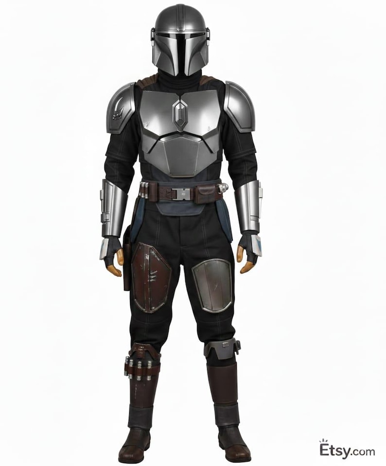 May include: A full-body shot of a Mandalorian costume. The costume features a silver helmet, chest plate, and arm guards over a black jumpsuit. Brown leather accents are visible on the belt, knee pads, and boots. The costume is designed to resemble the character from the Star Wars series.