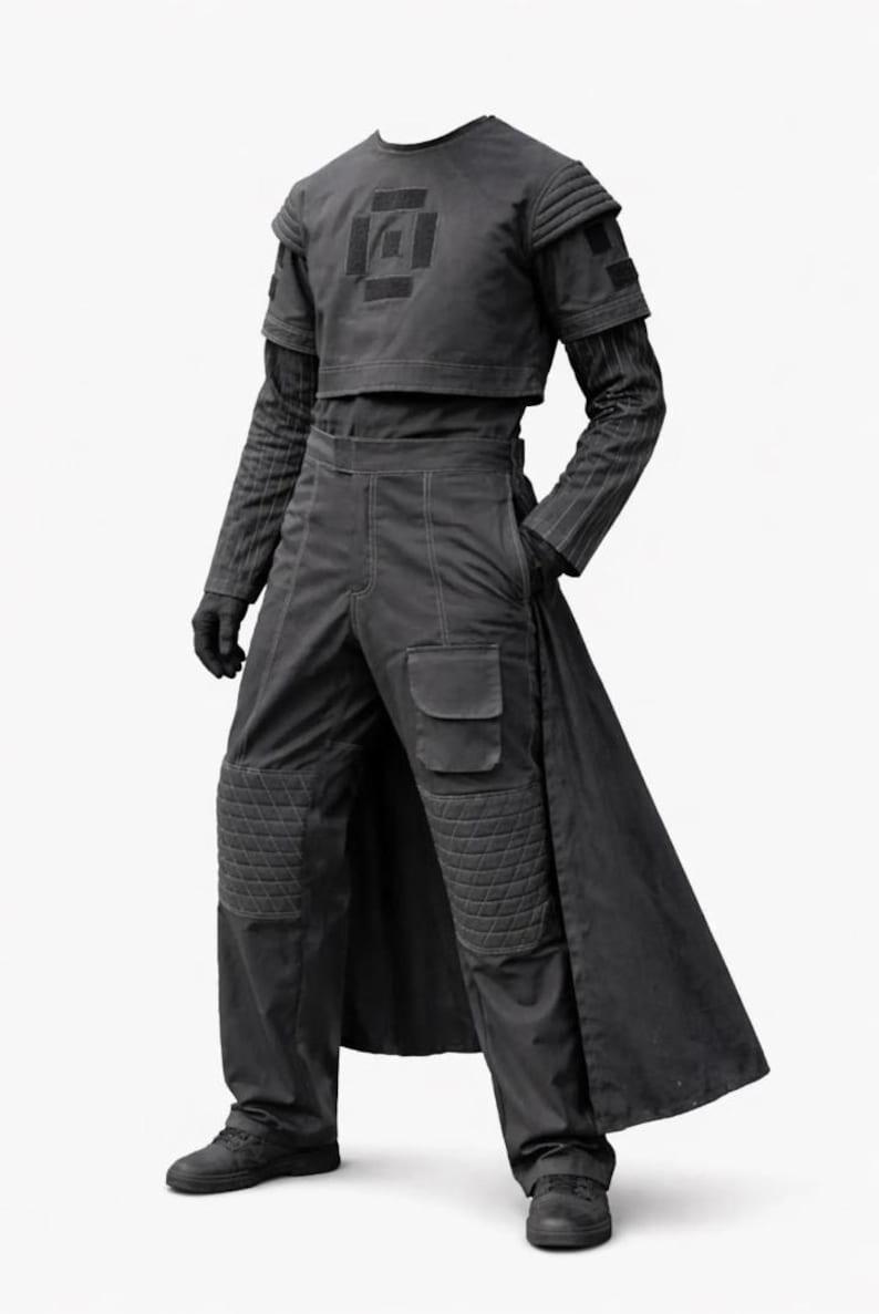 K&ouml;nnte beinhalten: Ein dunkelgraues futuristisches Outfit. Das Ensemble umfasst ein kurzes Oberteil mit geometrischem Design, eine lang&auml;rmlige Unterschicht, eine hoch taillierte Hose mit Knieschonern und einen langen, flie&szlig;enden Rock. Das Outfit wird durch Handschuhe und Schuhe erg&auml;nzt.