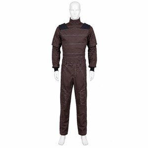May include: A dark brown long-sleeved jumpsuit featuring a high mock neck collar, black shoulder panels, and visible white topstitching throughout the garment. The jumpsuit includes fitted black cuffs at the wrists and a structured, utilitarian design.