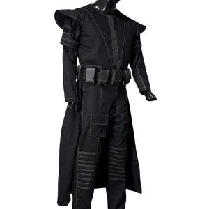 May include: A black costume with white stitching, including a long coat, shoulder pads, and a utility belt. The trousers have pockets and reinforced knee sections. The costume is suitable for cosplay or themed events.