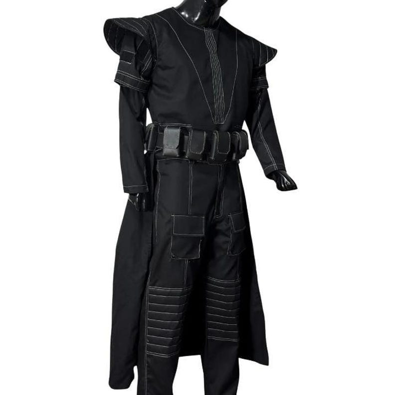 May include: A black costume with white stitching, including a long coat, shoulder pads, and a utility belt. The trousers have pockets and reinforced knee sections. The costume is suitable for cosplay or themed events.