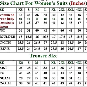 May include: A size chart for women's suits, displaying measurements in inches. The chart includes bust, shoulder, length, and sleeve measurements for sizes XS to 5XL. Also included are trouser size measurements for waist, hips, inseam, and length.