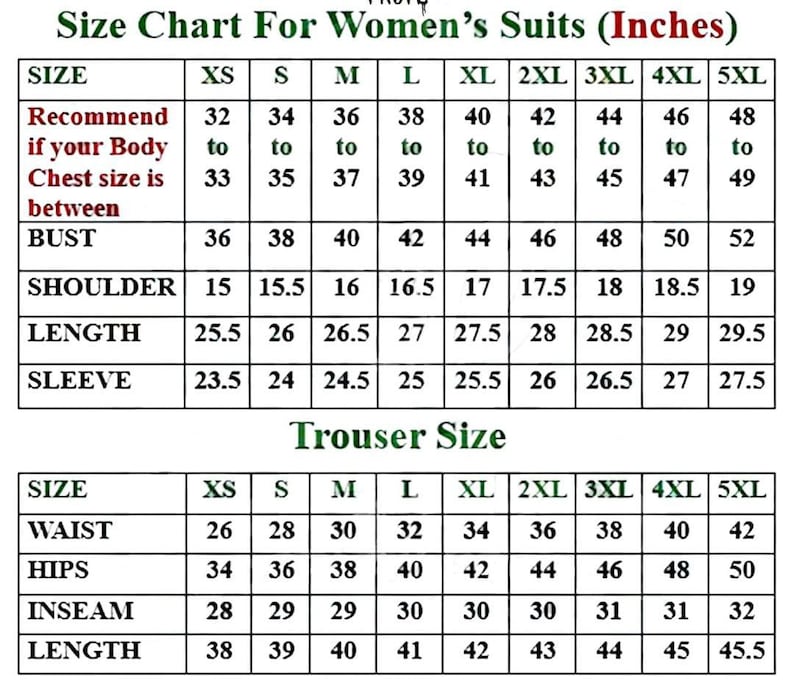 May include: A size chart for women's suits, displaying measurements in inches. The chart includes bust, shoulder, length, and sleeve measurements for sizes XS to 5XL. Also included are trouser size measurements for waist, hips, inseam, and length.
