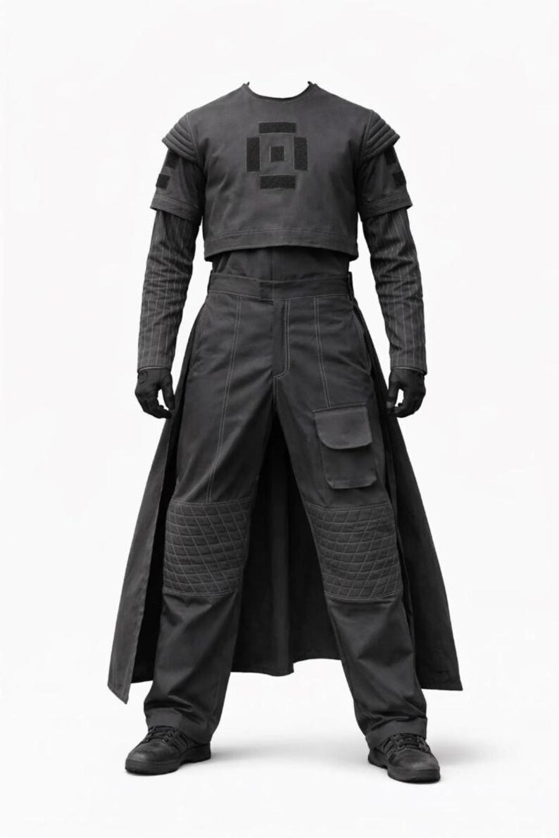 K&ouml;nnte beinhalten: Ein dunkelgraues Outfit bestehend aus einem bauchfreien Oberteil mit geometrischem Design, einer lang&auml;rmeligen Unterschicht und einer hoch taillierten Hose mit Taschen und gesteppten Knieschonern. Das Outfit beinhaltet einen langen, rockartigen Einsatz sowie schwarze Handschuhe und Schuhe.