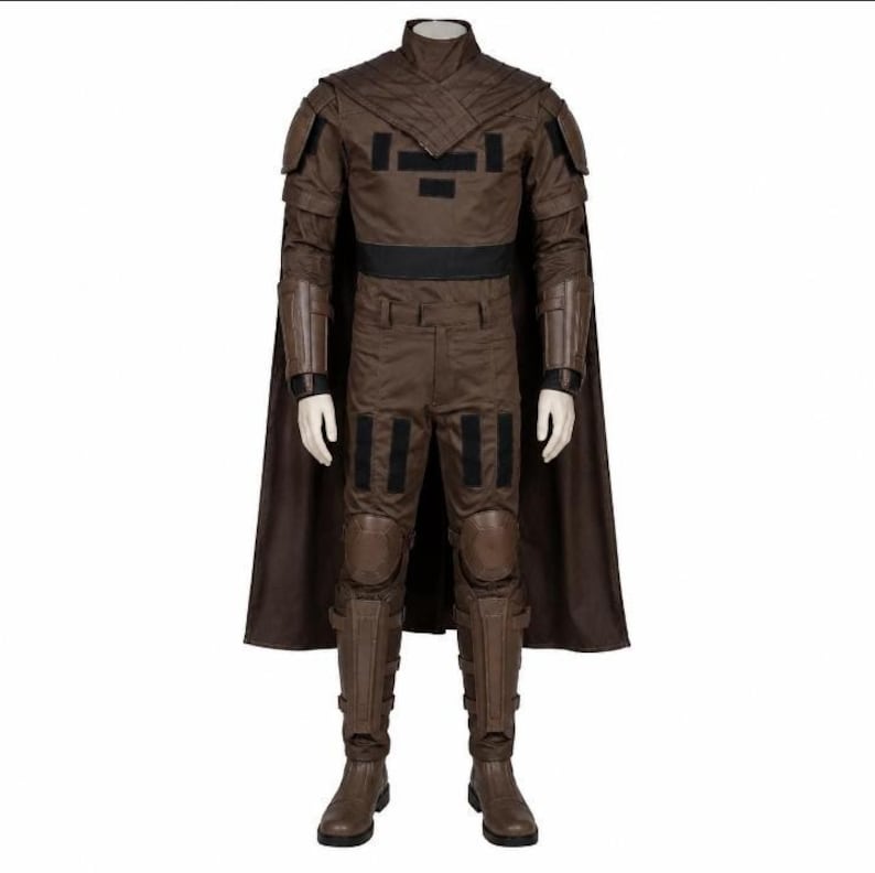 May include: A brown costume with a high collar, shoulder pads, and a black belt. The outfit includes a matching cape, pants, and boots. Black accents are visible on the chest and legs. The costume is designed for cosplay or themed events.