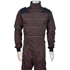 May include: A dark brown long-sleeved jumpsuit featuring a high mock neck collar, black shoulder panels, and prominent white horizontal topstitching across the chest, sleeves, and legs. The garment includes a waist belt and black ribbed cuffs.