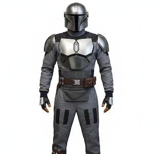 May include: A full-body costume featuring a metallic silver helmet with a black visor, silver chest and shoulder armor plates, a grey long-sleeved jumpsuit, a brown utility belt with a small pouch, and black gloves with silver accents.