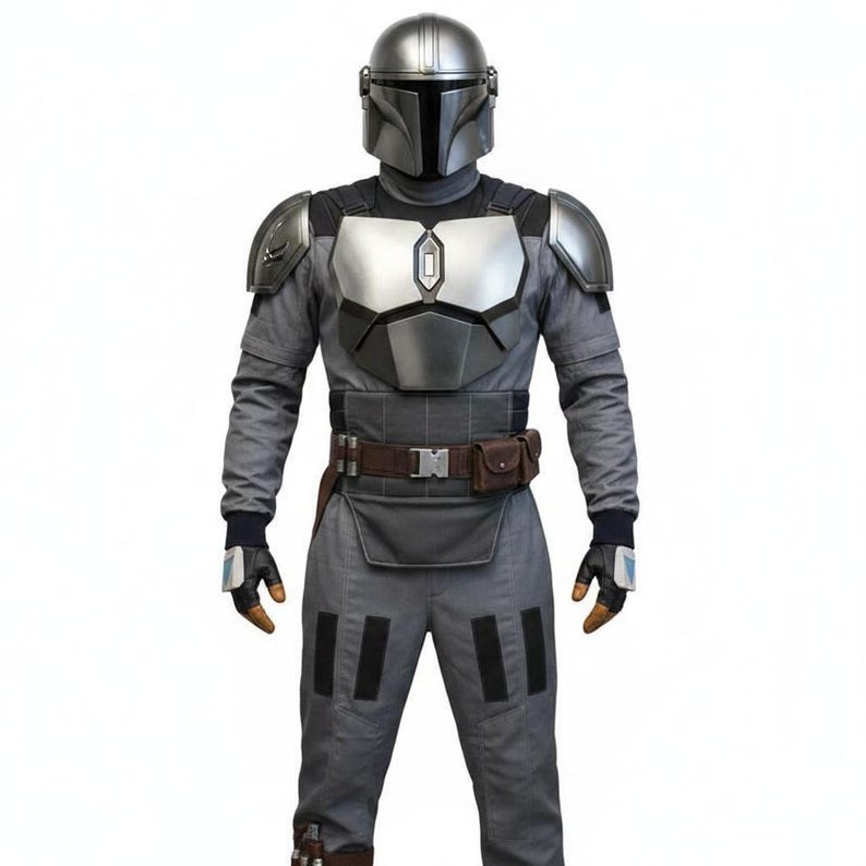 May include: A full-body costume featuring a metallic silver helmet with a black visor, silver chest and shoulder armor plates, a grey long-sleeved jumpsuit, a brown utility belt with a small pouch, and black gloves with silver accents.