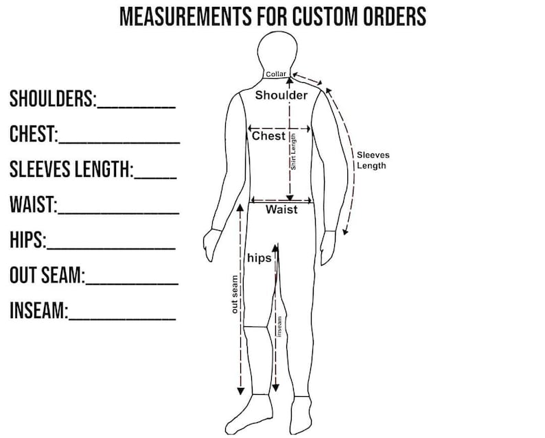 May include: A black and white diagram illustrating body measurements for custom clothing orders. The diagram includes a human figure with labeled areas for shoulders, chest, sleeves length, waist, hips, out seam, and inseam. Text at the top reads "MEASUREMENTS FOR CUSTOM ORDERS."