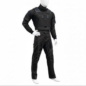 May include: Black tactical outfit with white stitching details, displayed on a mannequin. The outfit includes a cropped jacket with long sleeves, a high collar, and matching pants. The design features reinforced panels and a utilitarian aesthetic.